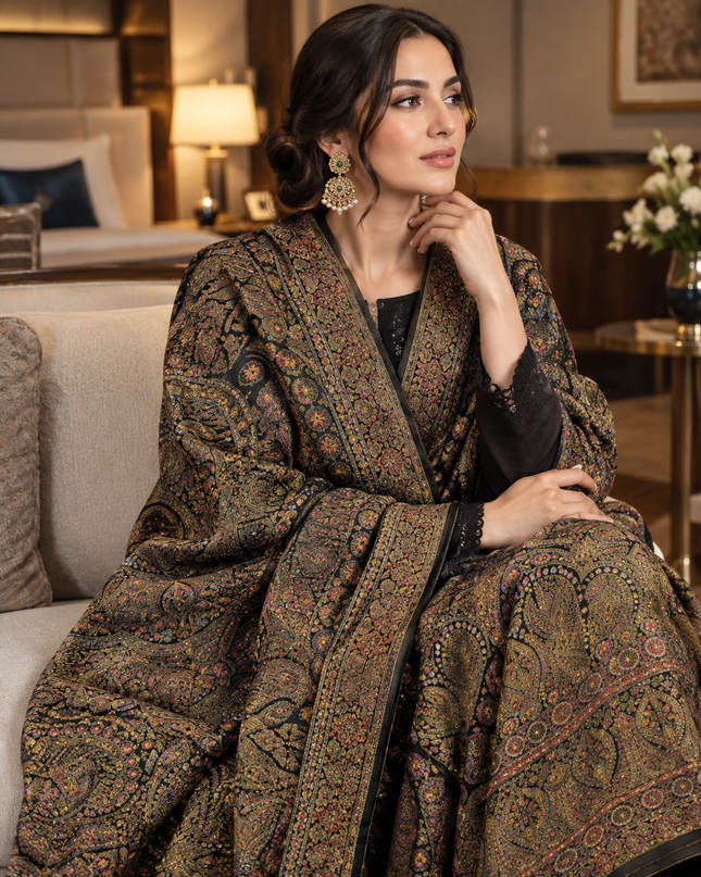 Luxury Pure Indian Dola Kani Silk Shawl - Antique Mughal Medallion