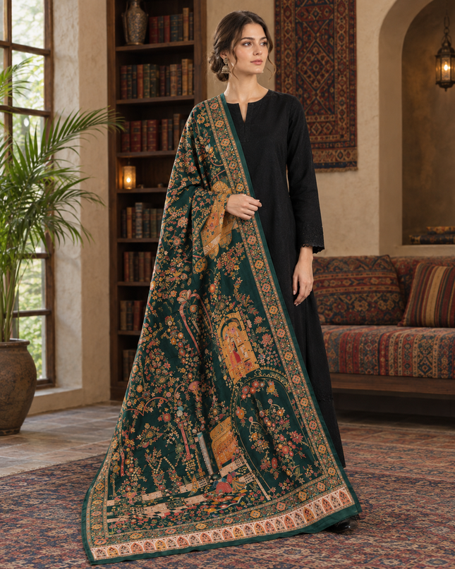 Exclusive Pure Indian Dola Kani Silk Shawl - Mughal Bagh