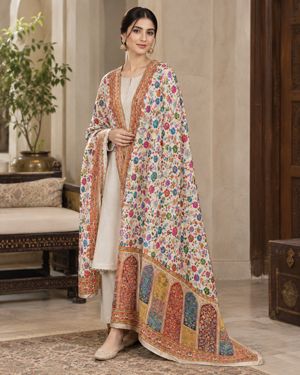 Premium Mehrab Style Floral Pure Indian Moonlight Kani Silk Shawl