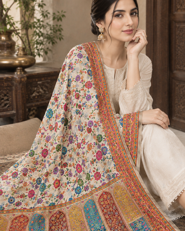 Premium Mehrab Style Floral Pure Indian Moonlight Kani Silk Shawl