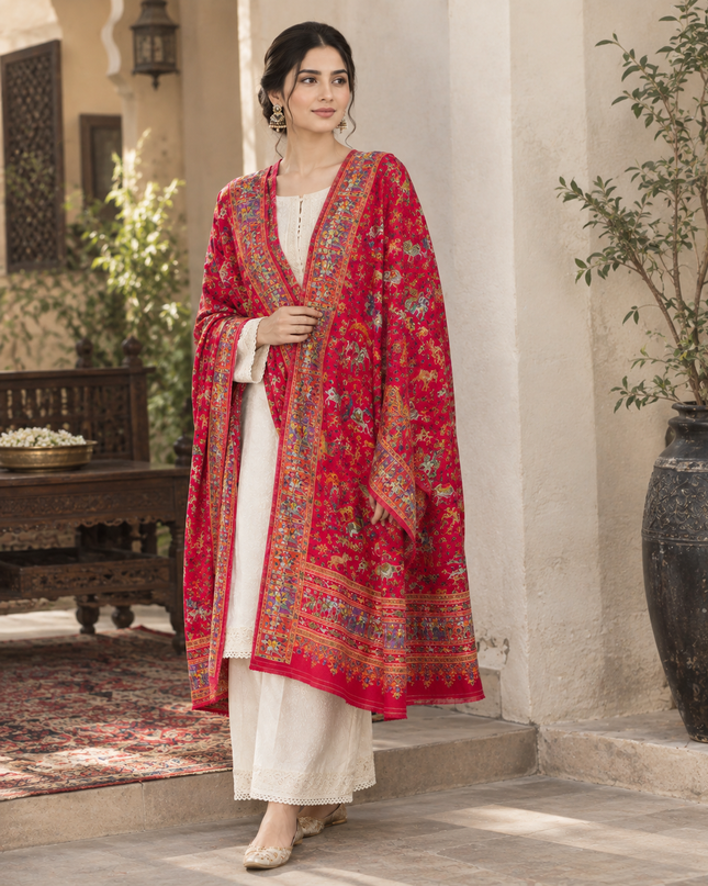 Fancy Pure Indian Moonlight Kani Silk Shawl - Mughal Shikargah
