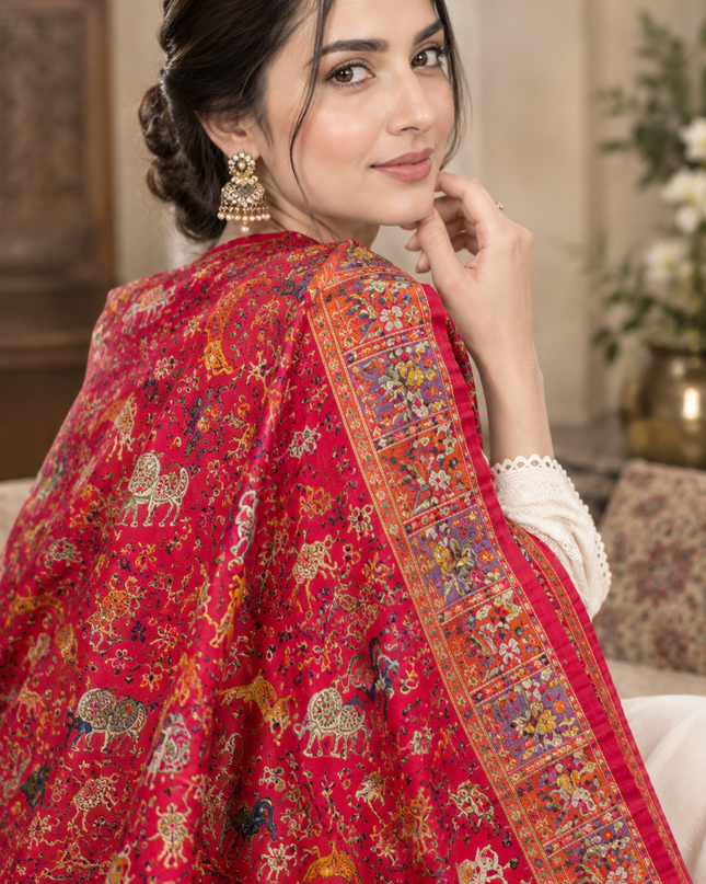 Fancy Pure Indian Moonlight Kani Silk Shawl - Mughal Shikargah