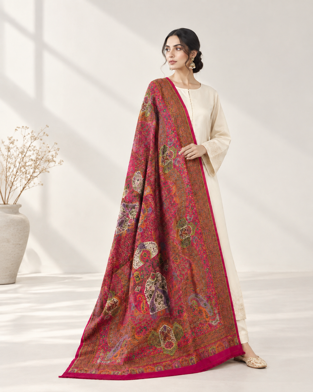 Exquisite Pure Indian Dola Silk Kani Shawl - Mughal Arch Meena Kari
