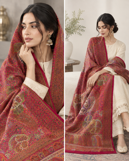Exquisite Pure Indian Dola Silk Kani Shawl - Mughal Arch Meena Kari