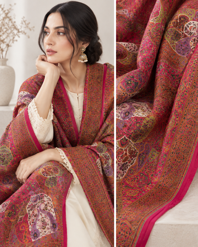 Exquisite Pure Indian Dola Silk Kani Shawl - Mughal Arch Meena Kari