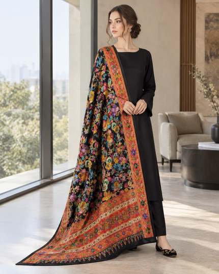 Luxury Pure Indian Dola Kani Silk Shawl - Black MeenaKari Jaal
