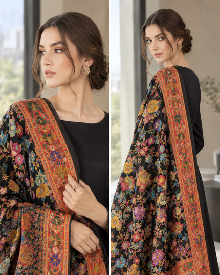 Luxury Pure Indian Dola Kani Silk Shawl - Black MeenaKari Jaal