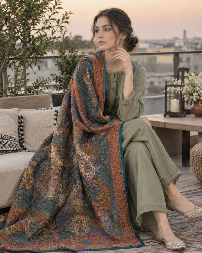 Exclusive Pure Indian Dola Kani Silk Shawl - Mughal Arch Meena Kari