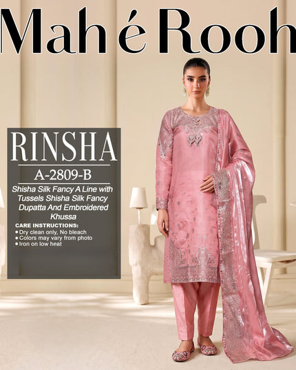 Exclusive Embroidered Shisha Silk with Embroidered Khussa 3Pc - Mah e Rooh (Rinsha)