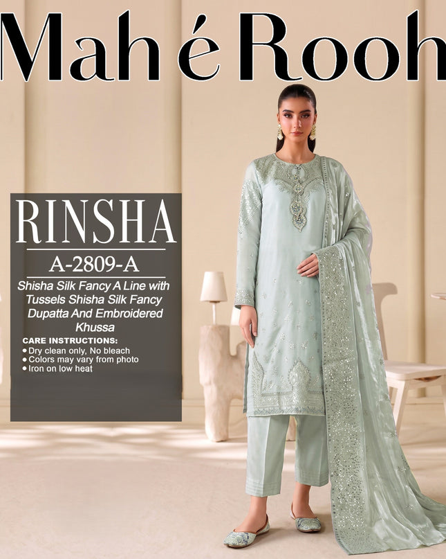 Exclusive Embroidered Shisha Silk with Embroidered Khussa 3Pc - Mah e Rooh (Rinsha)