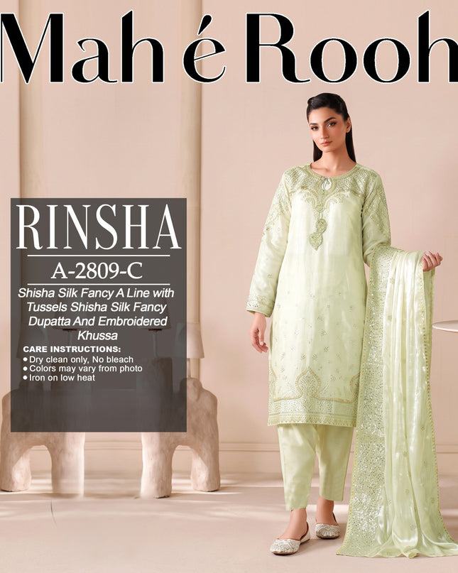 Exclusive Embroidered Shisha Silk with Embroidered Khussa 3Pc - Mah e Rooh (Rinsha)