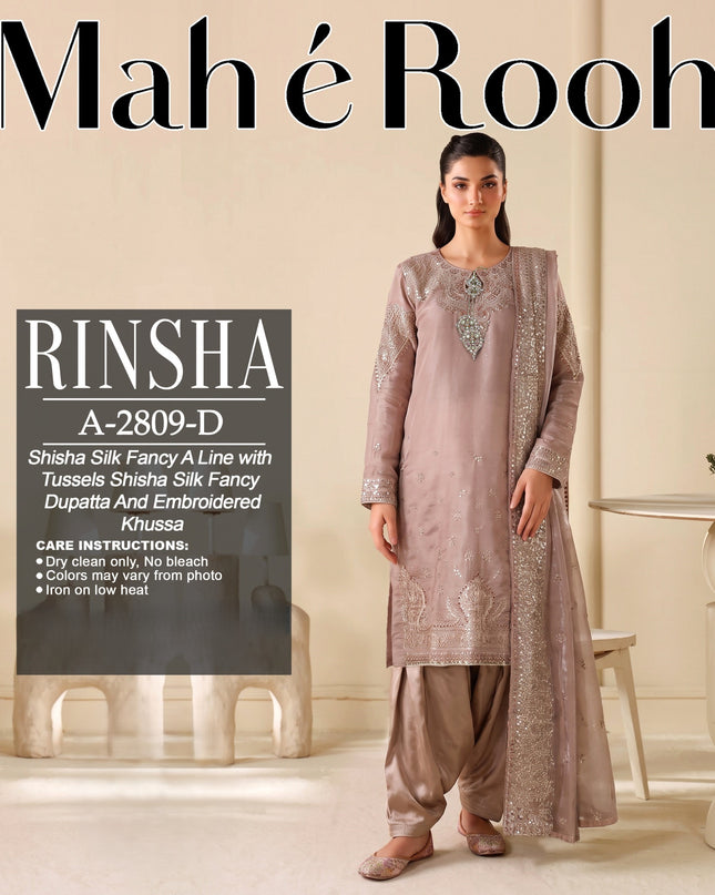 Exclusive Embroidered Shisha Silk with Embroidered Khussa 3Pc - Mah e Rooh (Rinsha)