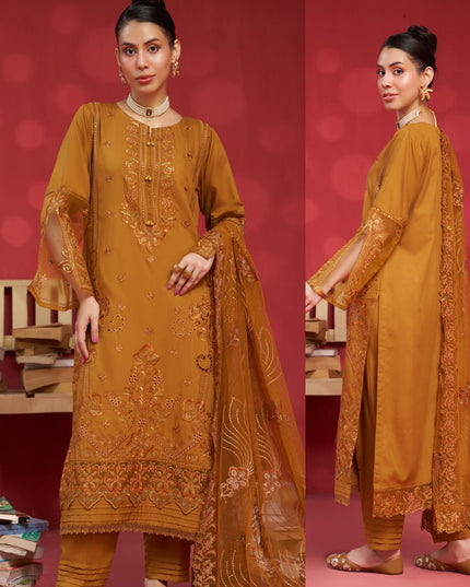 Fancy Embroidered Slub Viscose with Net Dupatta 3Pc - Mah e Rooh (Shahnai)