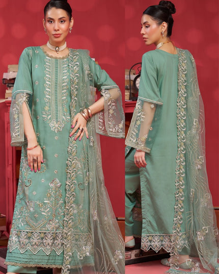 Fancy Embroidered Slub Viscose with Net Dupatta 3Pc - Mah e Rooh (Shahnai)