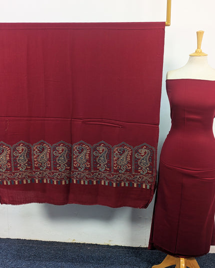 Wool Pashmina Plain Shirt with Kani Border Work Shawl 3Pc Unstitched