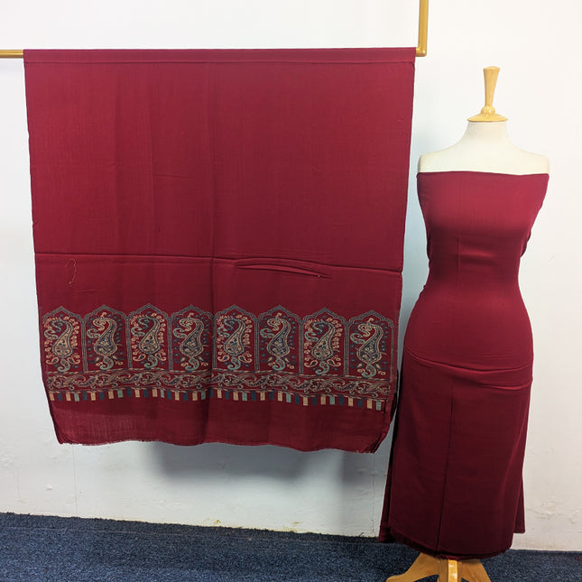 Wool Pashmina Plain Shirt with Kani Border Work Shawl 3Pc Unstitched