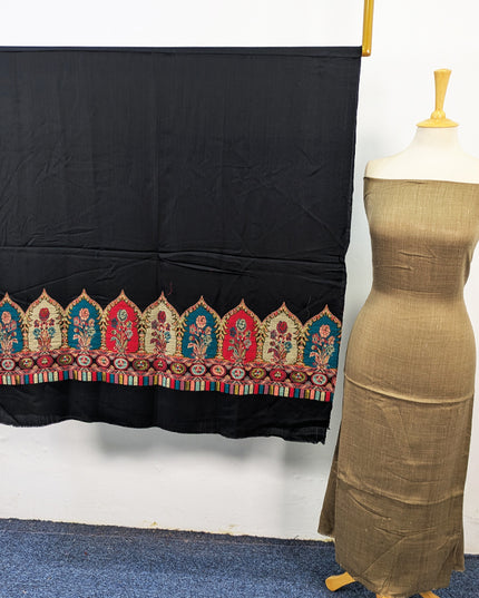 Wool Pashmina Plain Shirt with Kani Border Work Shawl 3Pc Unstitched