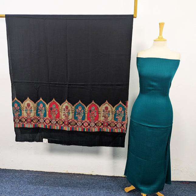 Wool Pashmina Plain Shirt with Kani Border Work Shawl 3Pc Unstitched