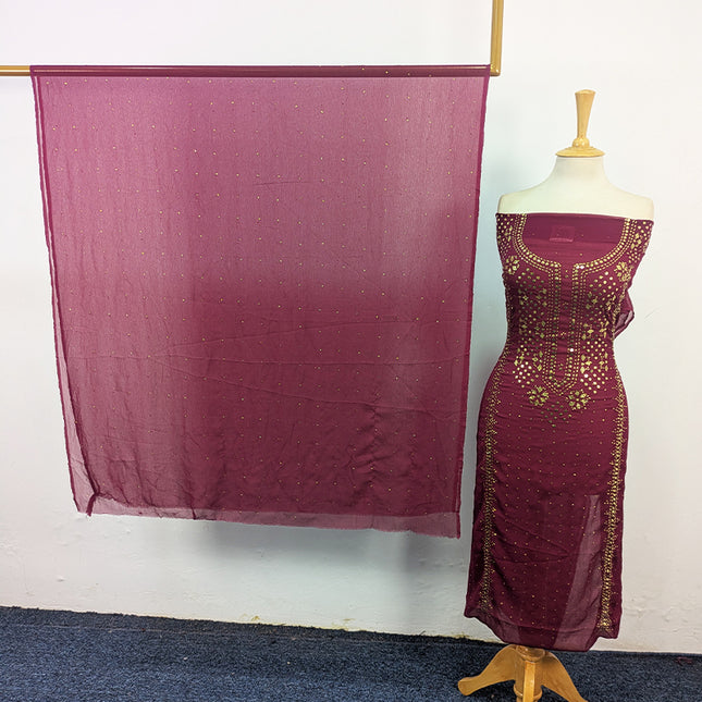 Handmade Heavy Golden Mukesh Work Crinkle Chiffon 2Pc Unstitched