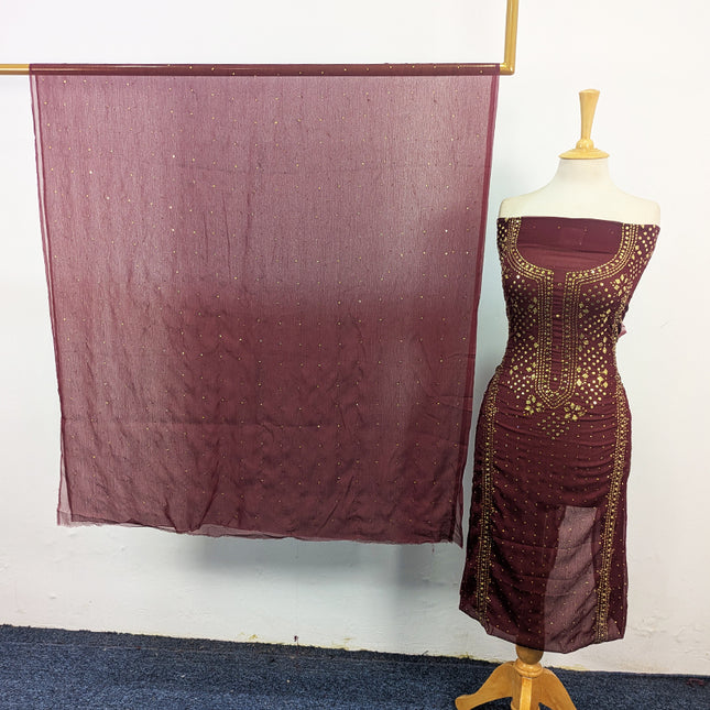 Handmade Heavy Golden Mukesh Work Crinkle Chiffon 2Pc Unstitched