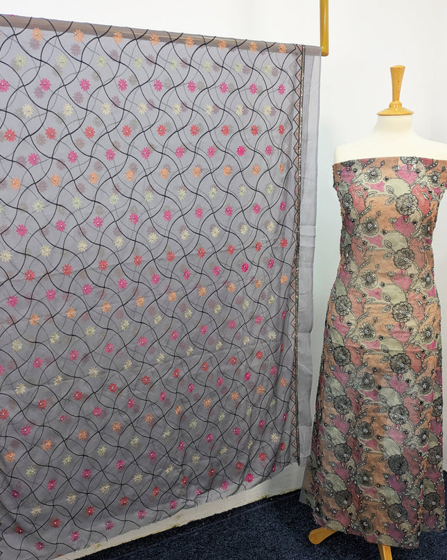 Khaadi Net With Pearls Work & Chiffon Dupatta