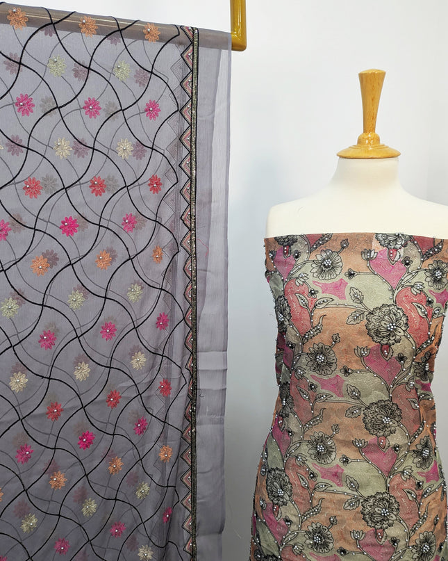 Khaadi Net With Pearls Work & Chiffon Dupatta