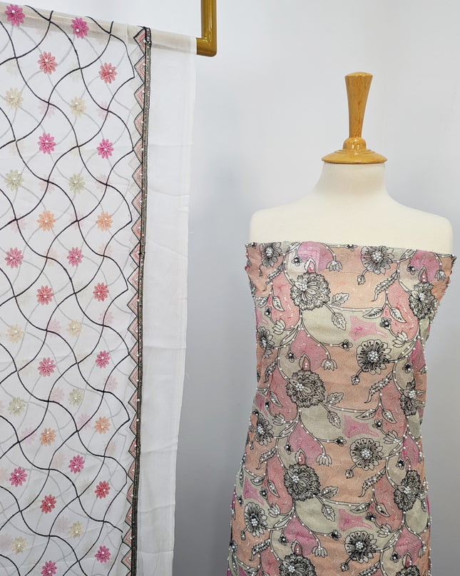 Khaadi Net With Pearls Work & Chiffon Dupatta