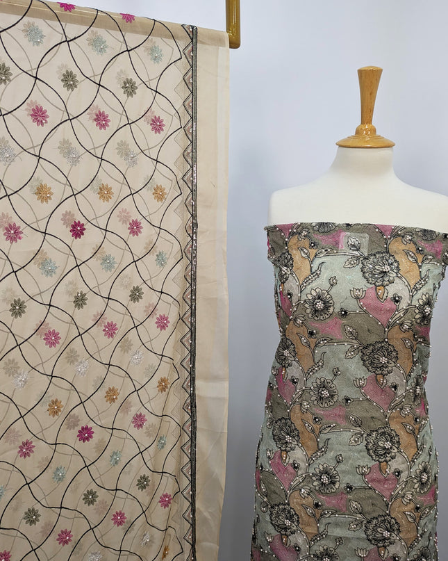 Khaadi Net With Pearls Work & Chiffon Dupatta
