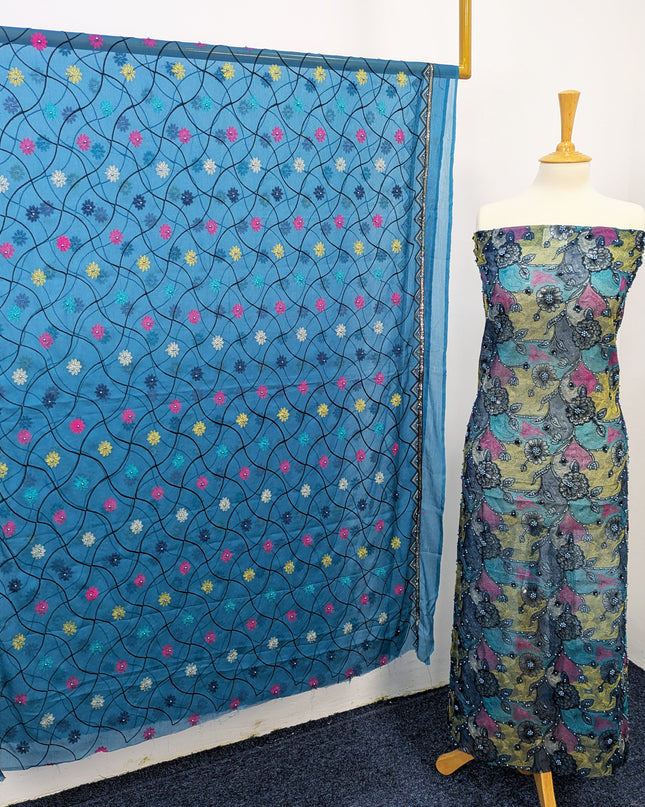 Khaadi Net With Pearls Work & Chiffon Dupatta