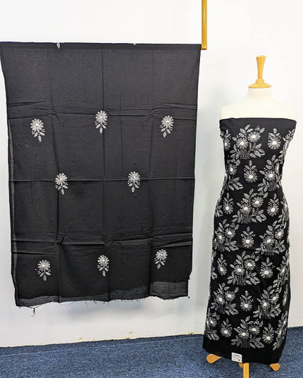 Black Handmade Lawn 3PC Unstitched Suit with White Floral Embroidery and Dupatta 