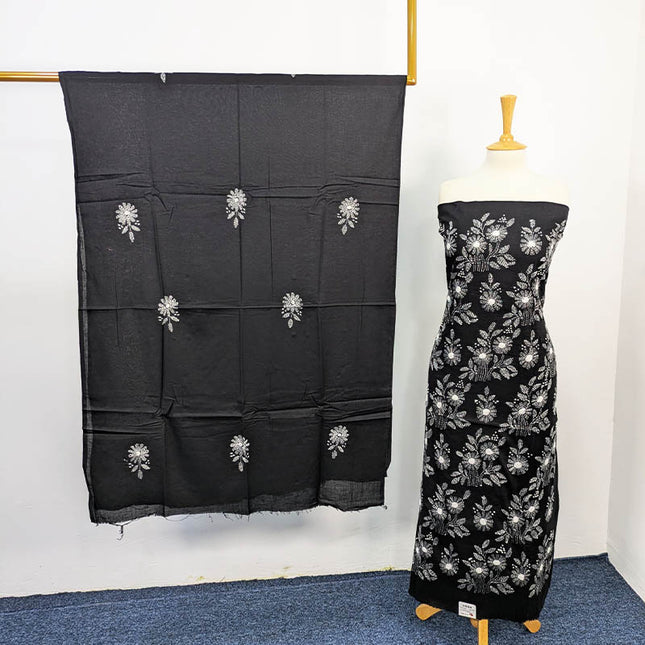 Black Handmade Lawn 3PC Unstitched Suit with White Floral Embroidery and Dupatta 
