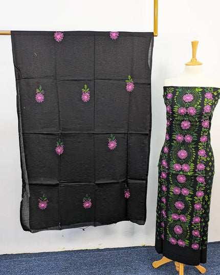 Black Handmade Lawn 3PC Unstitched Suit with Pink and Green Floral Embroidery – Apka Libas