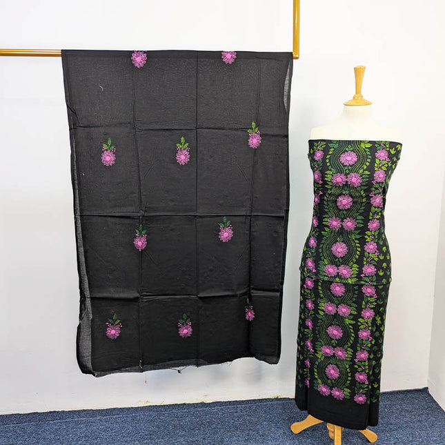 Black Handmade Lawn 3PC Unstitched Suit with Pink and Green Floral Embroidery – Apka Libas