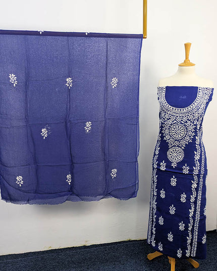 Handmade pakka tanka embroidered lawn 3PC unstitched suit in navy blue