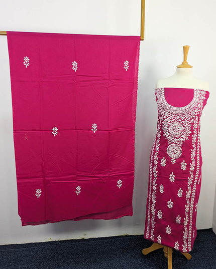 Magenta handmade lawn 3-piece unstitched suit with white embroidery and matching dupatta