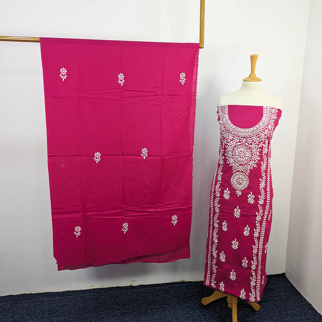 Magenta handmade lawn 3-piece unstitched suit with white embroidery and matching dupatta