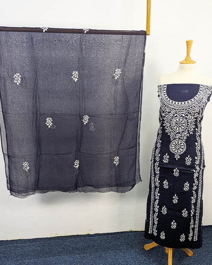 Navy blue handmade lawn 3-piece unstitched suit with white embroidery and chiffon dupatta