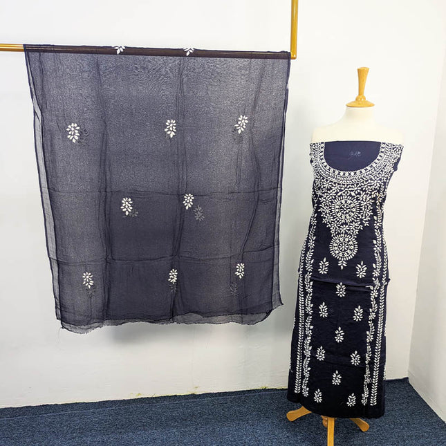 Navy blue handmade lawn 3-piece unstitched suit with white embroidery and chiffon dupatta