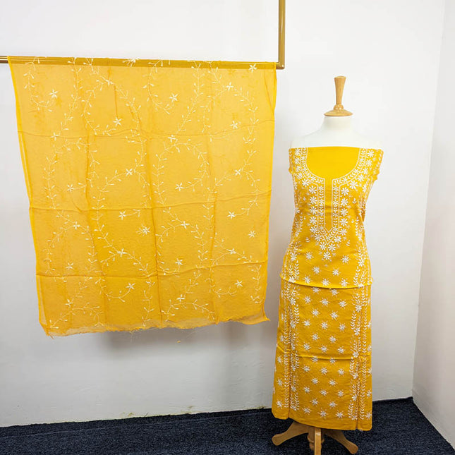 Yellow Handmade Lawn 3PC Unstitched Suit with White Embroidery and Matching Dupatta 