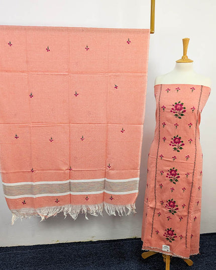 Peach embroidered unstitched suit with floral design and matching dupatta