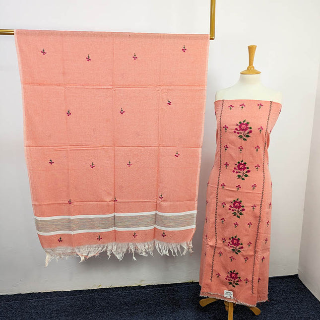 Peach embroidered unstitched suit with floral design and matching dupatta