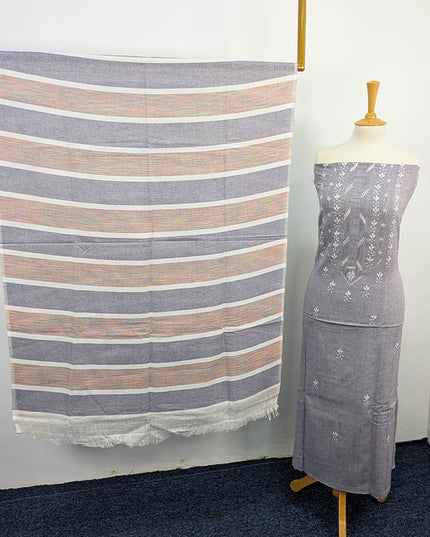 Handmade Khaadi Lawn 3PC Unstitched Suit in Dusty Lavender with Striped Dupatta 
