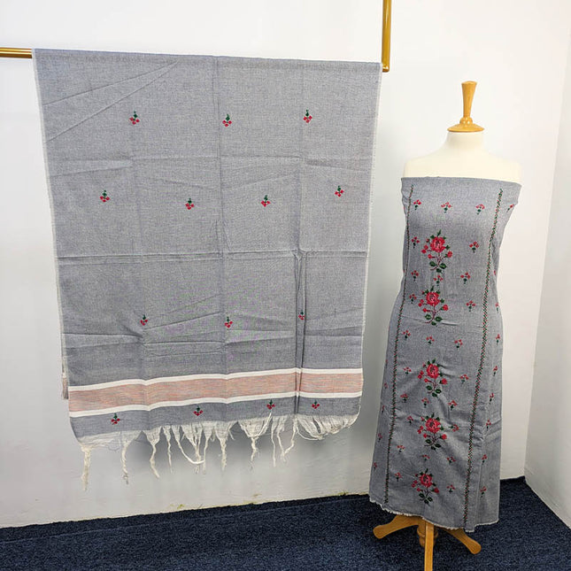 Handmade Khaadi Lawn 3PC Unstitched Suit with Traditional Embroidery and Dupatta