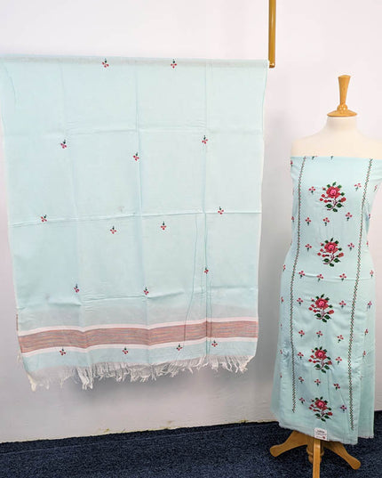 Handmade Khaadi Lawn 3PC Unstitched Suit in Mint Green with Pink Floral Embroidery and Striped Dupatta