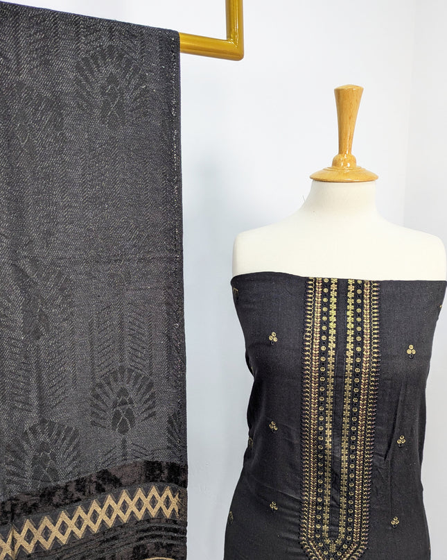 Heavy Embroidered  Wool  Suit With Velvet Shawl