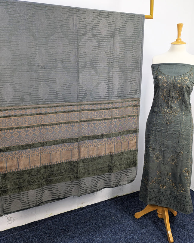 Heavy Embroidered  Wool  Suit With Velvet Shawl