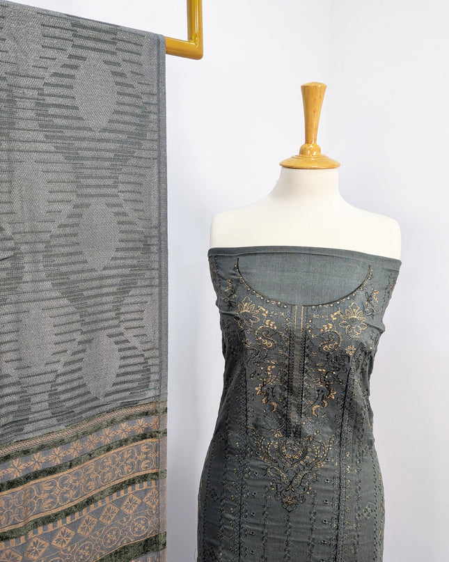 Heavy Embroidered  Wool  Suit With Velvet Shawl