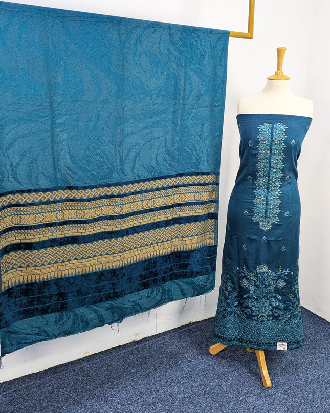 Heavy Embroidered  Wool  Suit With Velvet Shawl