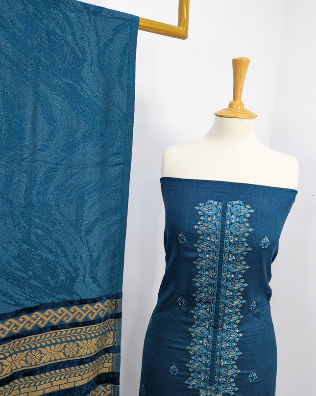 Heavy Embroidered  Wool  Suit With Velvet Shawl