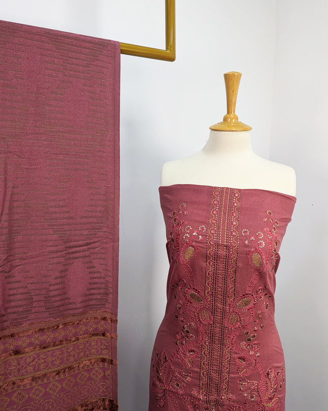 Heavy Embroidered  Wool Suit With Velvet Shawl